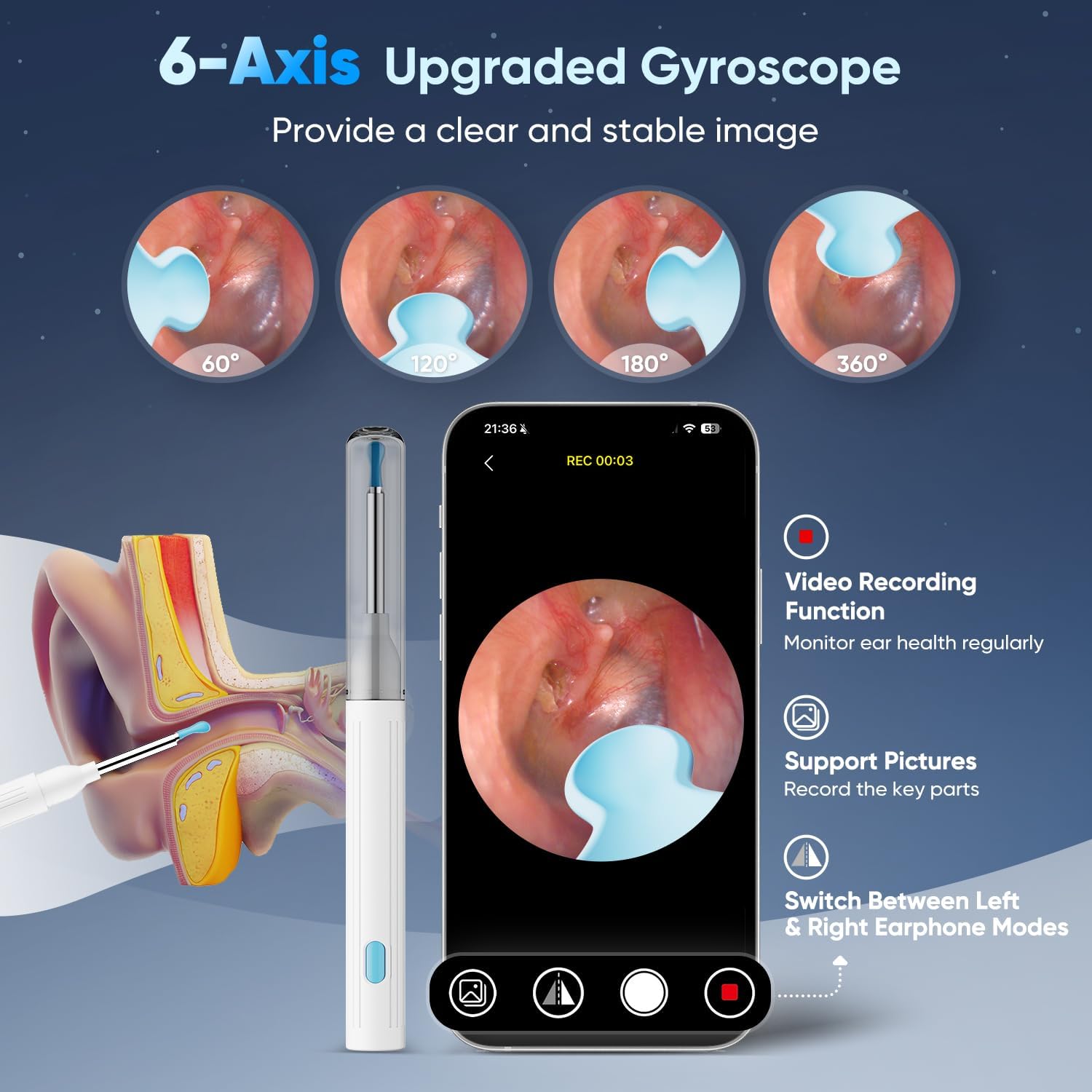 Gyroscope 6 axes pour une image claire et stable, enregistrement vidéo et photo