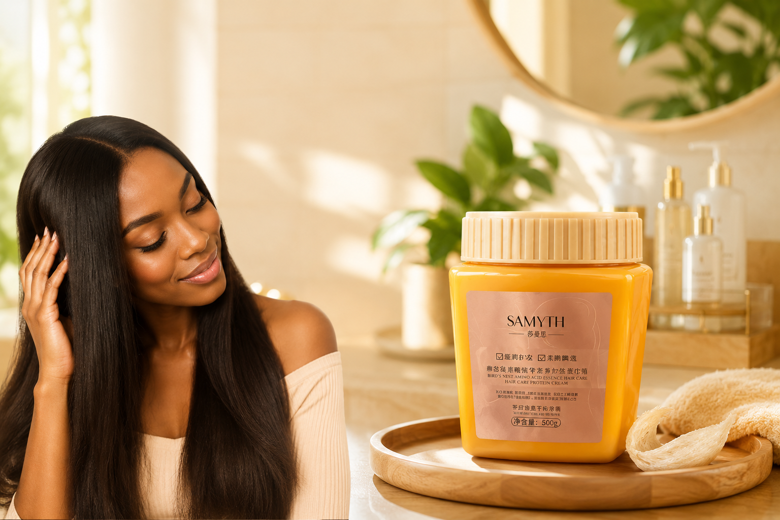 Femme aux cheveux brillants avec la crème SAMYTH